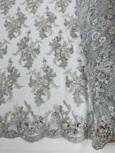 Beaded Flower Sequins Fabric - Silver - Embroidered Beaded Floral Clusters Sequins Fabric By Yard
