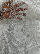 Fancy Damask Glitter Design - Burgundy - Tulle Mesh with Fancy Damask Designs Sold By Yard