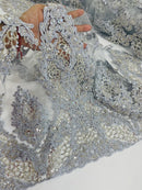 Heavy Bead Floral Fabric - Silver - Beaded Flower Design Fabric Fancy Border By Yard