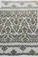 Beaded My Lady Damask Design - Silver - Beaded Fancy Damask Embroidered Fabric By Yard