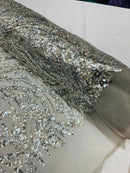 Floral Beaded Wavy Fabric - Silver - Beaded Sequins Wavy Embroidered Fabric Sold By Yard