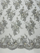 Beaded Flower Sequins Fabric - Silver - Embroidered Beaded Floral Clusters Sequins Fabric By Yard
