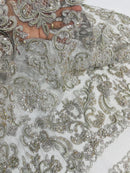 Beaded My Lady Damask Design - Silver - Beaded Fancy Damask Embroidered Fabric By Yard