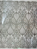 Damask Leaf Bead Fabric - Silver - Heavy Beaded Embroidered Sequins Lace Fabric by Yard