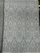 Fancy Damask Glitter Design - Burgundy - Tulle Mesh with Fancy Damask Designs Sold By Yard