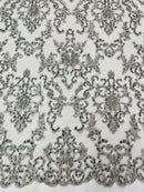 Butterfly Bead Sequins Fabric - Silver - Damask Beaded Sequins Lace Fabric by the yard