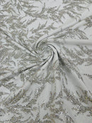 Leaf Plant Glitter Design Fabric - Silver - Beaded Embroidered Leaves Design on Mesh By Yard