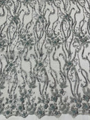 Small Flower Bead Fabric - Silver - Beaded Flower Fabric with Curled Lines Design By Yard