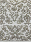 Beaded My Lady Damask Design - Silver - Beaded Fancy Damask Embroidered Fabric By Yard