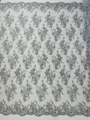 Beaded Flower Sequins Fabric - Silver - Embroidered Beaded Floral Clusters Sequins Fabric By Yard