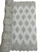 Heavy Beaded Floral Fabric - Silver - Luxury Heavy Duty Bead Bridal Floral Cluster Lace Fabric by the yard