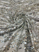 Floral Beaded Wavy Fabric - Silver - Beaded Sequins Wavy Embroidered Fabric Sold By Yard