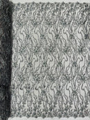 Small Flower Bead Fabric - Silver - Beaded Flower Fabric with Curled Lines Design By Yard