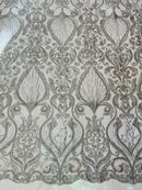 Damask Leaf Bead Fabric - Silver - Heavy Beaded Embroidered Sequins Lace Fabric by Yard
