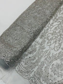 Fancy Damask Glitter Design - Silver - Tulle Mesh with Fancy Damask Designs Sold By Yard