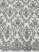 Butterfly Bead Sequins Fabric - Silver - Damask Beaded Sequins Lace Fabric by the yard
