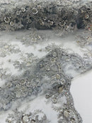Beaded Flower Sequins Fabric - Silver - Embroidered Beaded Floral Clusters Sequins Fabric By Yard