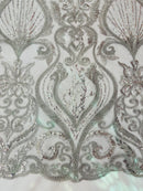 Damask Leaf Bead Fabric - Silver - Heavy Beaded Embroidered Sequins Lace Fabric by Yard