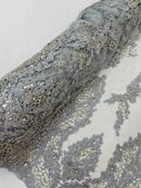 Heavy Bead Floral Fabric - Silver - Beaded Flower Design Fabric Fancy Border By Yard