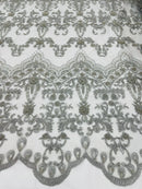 Damask Bead Fabric - Silver - Embroidered Glamorous Fabric with Round Beads Sold By Yard