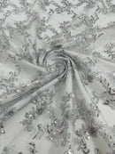 Floral Sequins Lace Fabric - Silver - Embroidery Flower Clusters Design with Shiny Sequins  Fabric Sold By Yard