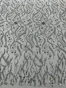 Wavy Leaf / Floral Bead Fabric - Silver - Beaded Rhinestone Embroidered on a Mesh By Yard