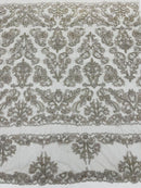 Beaded My Lady Damask Design - Silver - Beaded Fancy Damask Embroidered Fabric By Yard
