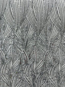 Curvy Line Design Fabric - Silver - 4 Way Stretch Sequins Design Mesh Lace Fabric by Yard