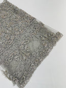 Beaded My Lady Damask Design - Silver - Beaded Fancy Damask Embroidered Fabric By Yard