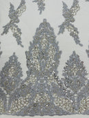 Heavy Bead Floral Fabric - Silver - Beaded Flower Design Fabric Fancy Border By Yard