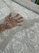 Fancy Damask Glitter Design - Silver - Tulle Mesh with Fancy Damask Designs Sold By Yard