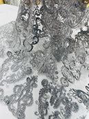 King Lace Pattern Fabric - Silver - Embroidered Sequins on Lace Mesh Fabric By Yard