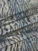 Tiger Design Spandex Fabric - Silver Hologram - 58/60" Animal Print Mystique 4 Way Stretch Fabric By Yard