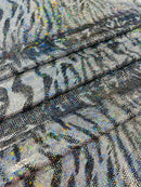 Tiger Design Spandex Fabric - Silver Hologram - 58/60" Animal Print Mystique 4 Way Stretch Fabric By Yard