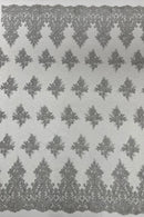 Damask Border Corded Lace - Silver Metallic - Floral Cluster Design Damask Border on Lace Fabric Yard