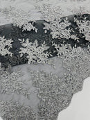 Floral Lace Fabric - Silver on Black - Metallic Floral Design on Lace Mesh Fabric By Yard