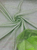 Fish Net Spandex Rhinestone Fabric - Silver on Lime Green - Spandex Fish Net Design Fabric with Rhinestones by Yard
