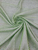Fish Net Spandex Rhinestone Fabric - Silver on Lime Green - Spandex Fish Net Design Fabric with Rhinestones by Yard