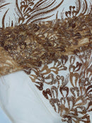 Fancy Wavy Leaf Bead Fabric - Skin / Gold - Leaf Line Beaded Design Embroidered Mesh By Yard