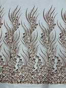 Fancy Wavy Leaf Bead Fabric - Skin / Gold - Leaf Line Beaded Design Embroidered Mesh By Yard