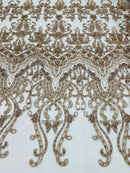 Damask Bead Fabric - Skin / Taupe - Embroidered Glamorous Fabric with Round Beads Sold By Yard