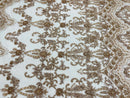 Damask Bead Fabric - Skin / Taupe - Embroidered Glamorous Fabric with Round Beads Sold By Yard