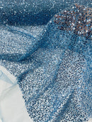 Pearl Sequins Bead Fabric - Sky Blue - Small Beads and Sequins Embroidered on Lace By Yard