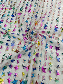 3D Holographic Rainbow Fabric - 3D Rainbow Foil Stars on Solid White Mesh Sold By Yard