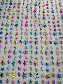 3D Holographic Rainbow Fabric - 3D Rainbow Foil Stars on Solid White Mesh Sold By Yard
