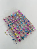 3D Holographic Rainbow Fabric - 3D Rainbow Foil Stars on Solid White Mesh Sold By Yard