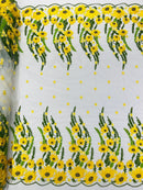 3D Sunflower Lace Fabric - On White Mesh - Sun Flower and Leaf Embroidered Dress Fabric by the Yard