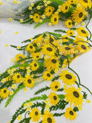 3D Sunflower Lace Fabric - On White Mesh - Sun Flower and Leaf Embroidered Dress Fabric by the Yard
