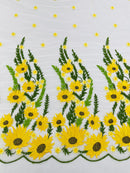 3D Sunflower Lace Fabric - On White Mesh - Sun Flower and Leaf Embroidered Dress Fabric by the Yard