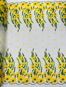 3D Sunflower Lace Fabric - On White Mesh - Sun Flower and Leaf Embroidered Dress Fabric by the Yard